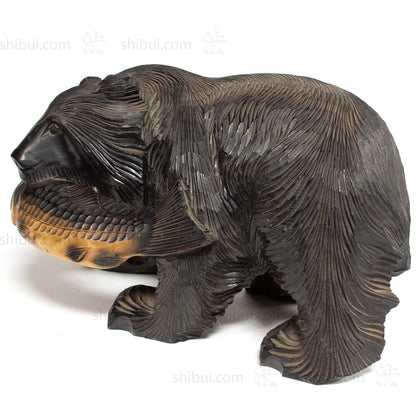 Kibori Kuma | Hand Carved Wood Bear | Japanese Hand Carved Bear with Salmon