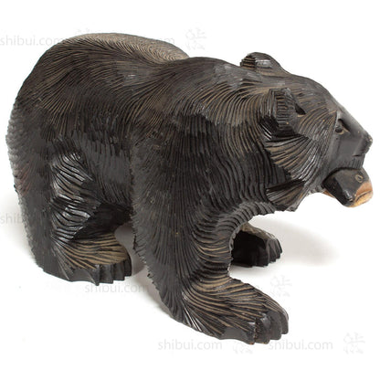 Kibori Kuma | Hand Carved Wood Bear | Japanese Hand Carved Bear with Salmon