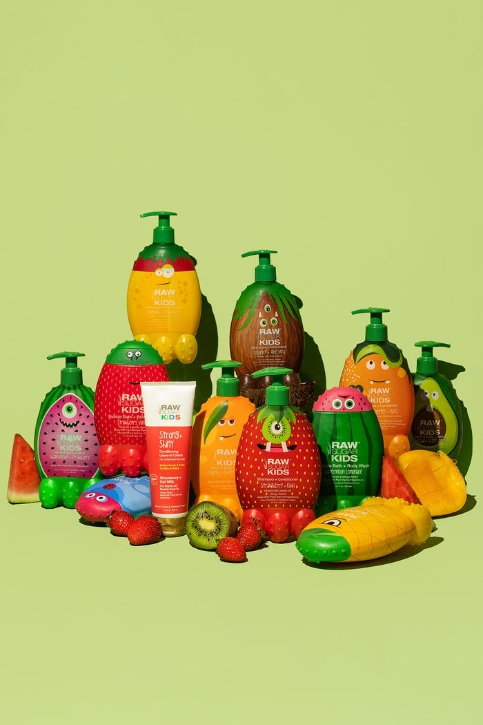Raw Sugar Kids products  with fresh strawberries, kiwi, mango and watermelon