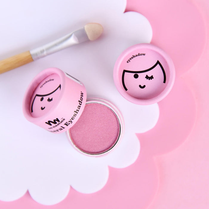 Cardboard pot of No Nasties Kids Eco Eyeshadow Pressed Powder in Pink colour, non-toxic eyeshadow for kids made with natural ingredients.