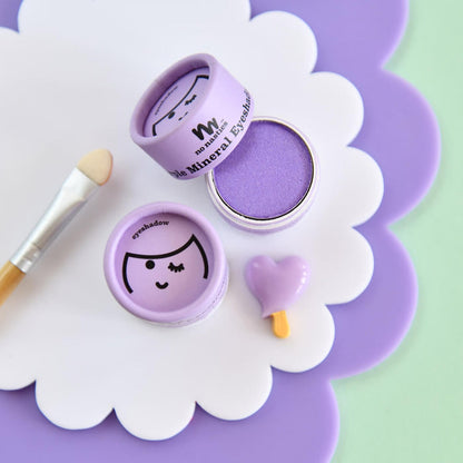 Cardboard pot of No Nasties Kids Eco Eyeshadow Pressed Powder in Purple colour, non-toxic eyeshadow for kids made with natural ingredients.