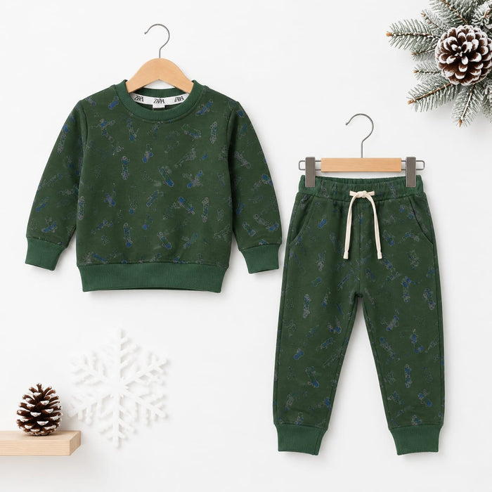 Kids Fleece Winter Suit Set Green Skate – 2 Piece Shirt & Trouser – 18 Months to 5 Years