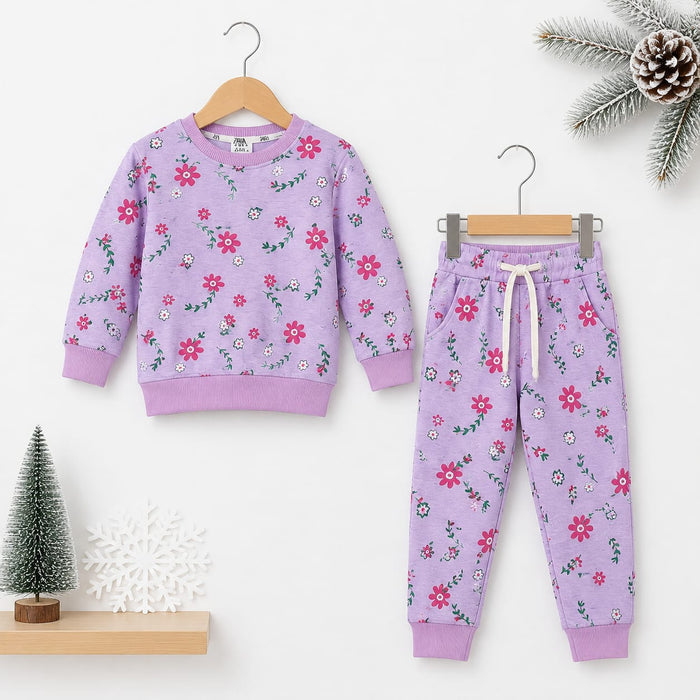 Kids Fleece Winter Suit Set Purple Flowers Leaves – 2 Piece Shirt & Trouser – 18 Months to 5 Years