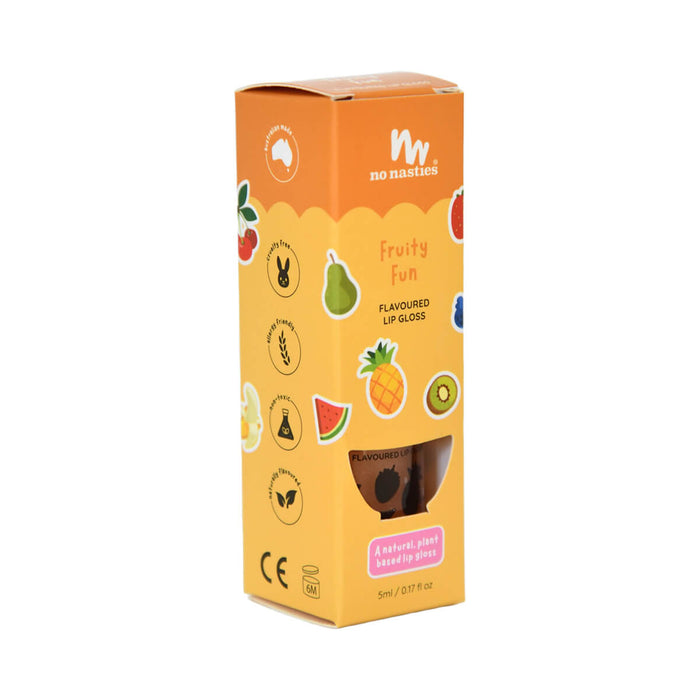 5ml tube of No Nasties Kids Natural Lip Gloss in Fruity Fun flavour, plant-based and naturally flavoured.