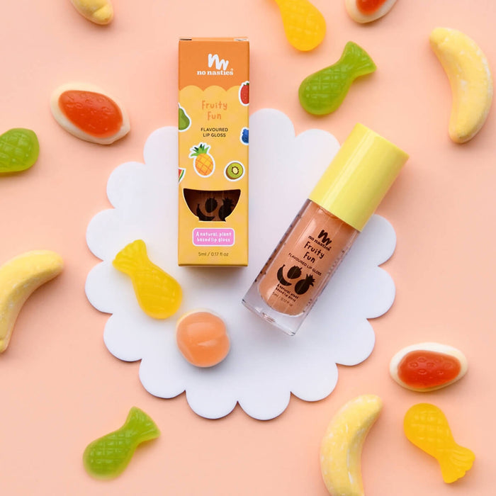 5ml tube of No Nasties Kids Natural Lip Gloss in Fruity Fun flavour, plant-based and naturally flavoured.