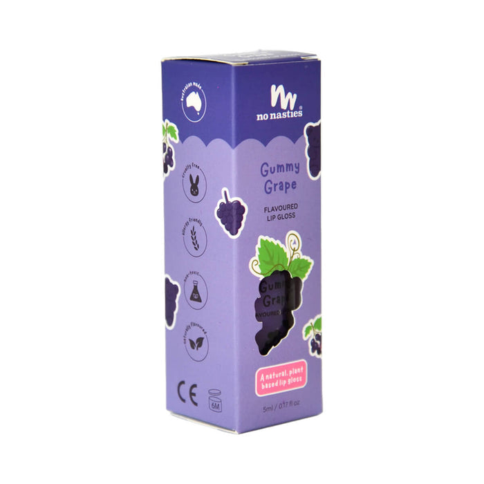 5ml tube of No Nasties Kids Natural Lip Gloss in Gummy Grape flavour, plant-based and naturally flavoured.