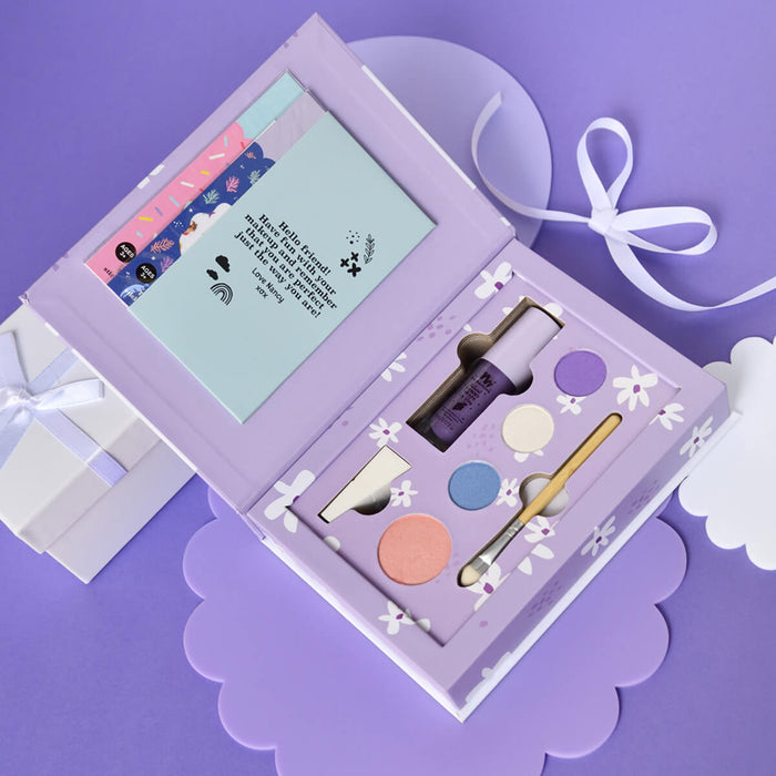No Nasties Kids Natural Makeup Palette Kit in Nancy Purple, non-toxic kids makeup set made with natural ingredients. Includes, blush, eyeshadow, lip gloss, sponge, brush, and nail stickers.