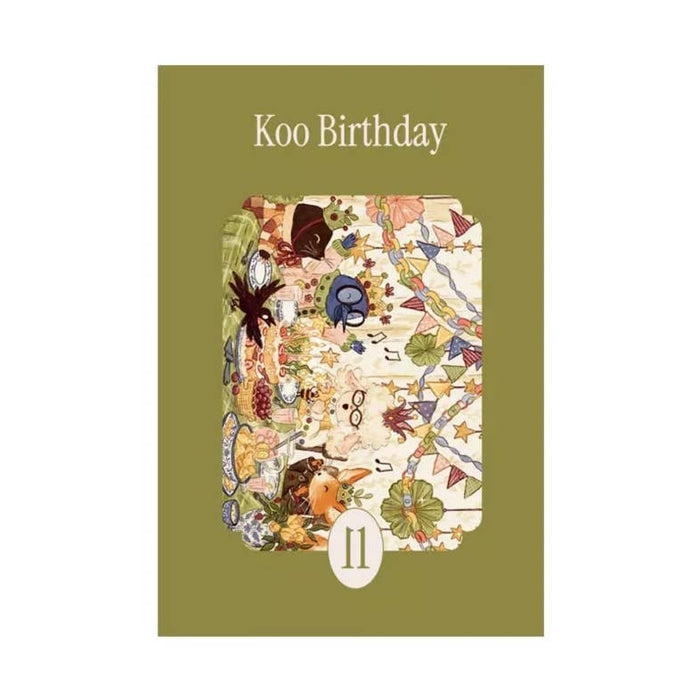 The Koo Birthday | 99 Piece Jigsaw Puzzle by la pauz features "Koo Birthday" at the top, a festive scene in the center, and the number 11 in a white oval at the bottom—perfect for birthday puzzle lovers.