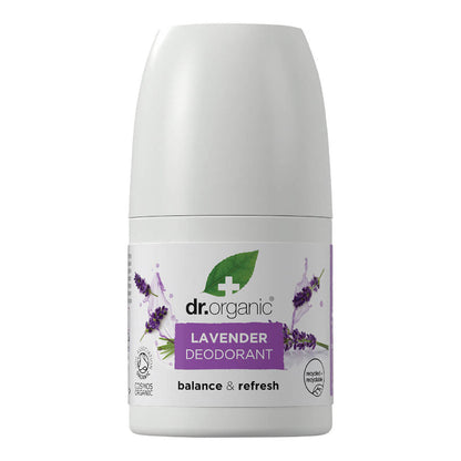 Dr. Organic Lavender Deodorant 50ml. Recycled plastic packaging in a roll-on bottle. Balance & refresh for all skin types.