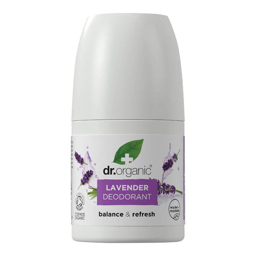 Dr. Organic Lavender Deodorant 50ml. Recycled plastic packaging in a roll-on bottle. Balance & refresh for all skin types.