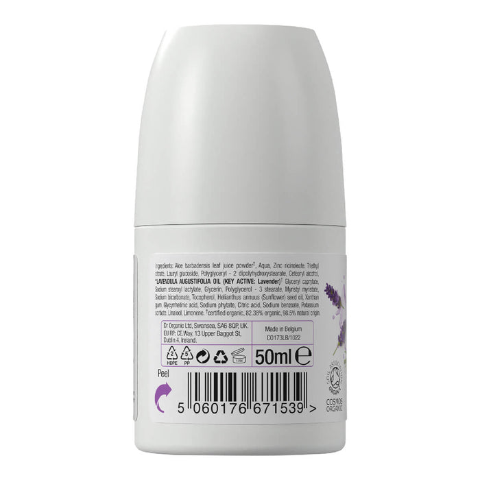 Back of Dr. Organic Lavender Deodorant 50ml. List of ingredients including aloe vera & lavender oil.