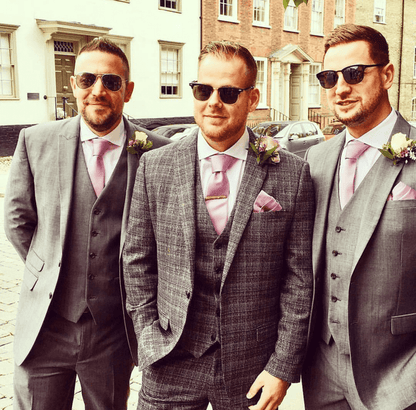 Lavender Frost Tie - Wedding Accessory | Handmade Men’s Necktie styled with grey suits and sunglasses, perfect for modern groomsmen attire.