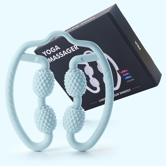 Self-massage roller tool with four rolling wheels for the legs