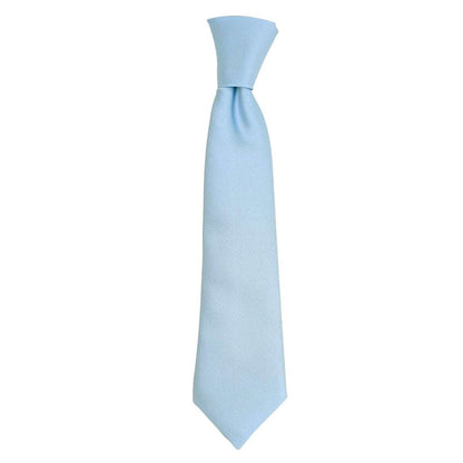 Light Blue Boys Tie for ages 5-12, pre-tied with adjustable neckband. Made from 100% polyester, ideal for formal childrenswear occasions.