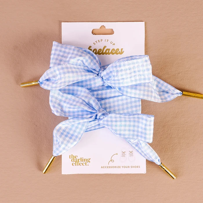 Light Blue Gingham Shoe Laces - Front View - the Darling Effect