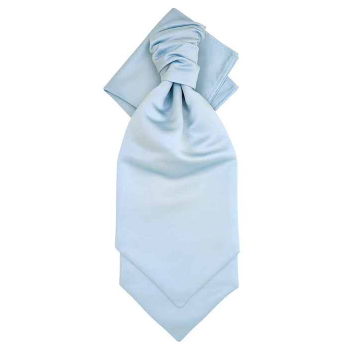 Light Blue Wedding Cravat laid flat to show ruched detailing and layered tips, perfect groom's accessory for elegant wedding outfits.