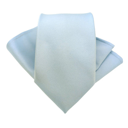 Light Blue Wedding Tie displayed with matching pocket square, perfect handmade accessory for grooms and formal occasions.