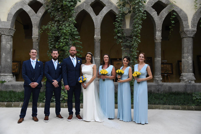 Wedding party with groomsmen in Light Blue Wedding Ties, highlighting coordinated handmade accessories for formal celebrations.