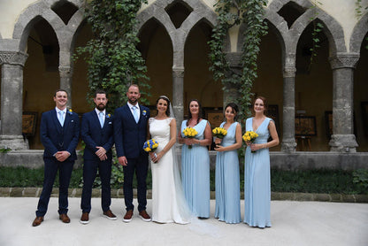 Wedding party with groomsmen in Light Blue Wedding Ties, highlighting coordinated handmade accessories for formal celebrations.