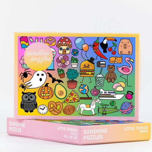 The Little Things | 1,000 Piece Jigsaw Puzzle by Sunshine Puzzles features vibrant, cartoon-style illustrations of assorted objects and animals. This lively and engaging puzzle is made from recycled waste paper, offering a fun and eco-friendly activity.