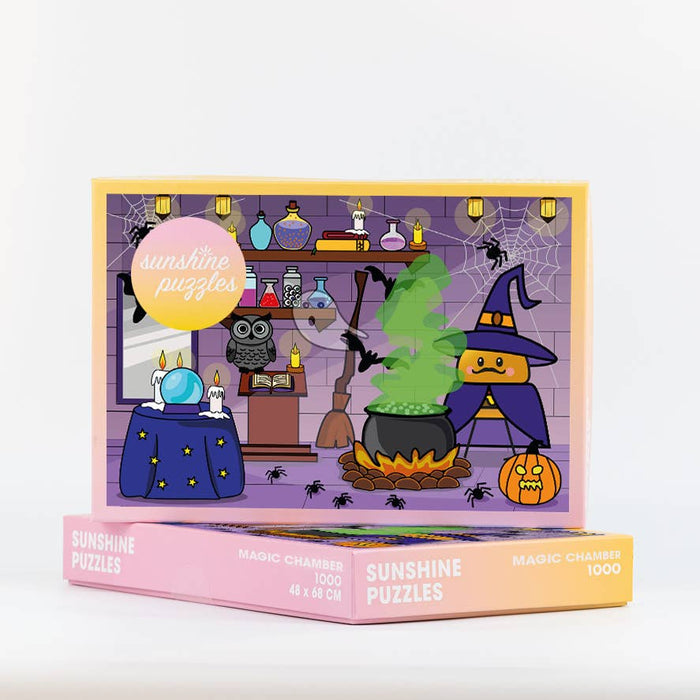 This 1,000 piece jigsaw puzzle from Sunshine Puzzles features a cartoon witch with a cauldron, potions, and Halloween decorations in a purple room. The “Magic Chamber” puzzle promises hours of enchanting fun for all ages.