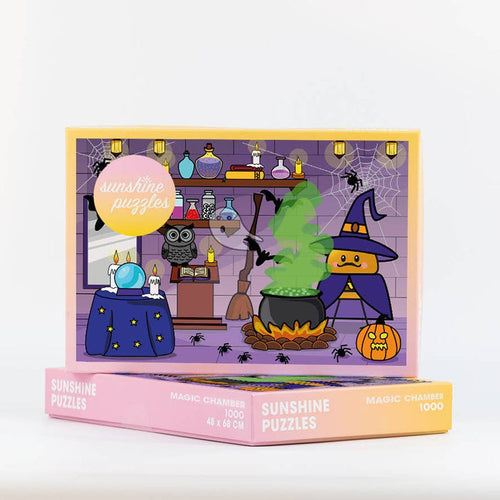 This 1,000 piece jigsaw puzzle from Sunshine Puzzles features a cartoon witch with a cauldron, potions, and Halloween decorations in a purple room. The “Magic Chamber” puzzle promises hours of enchanting fun for all ages.