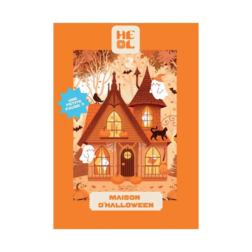 Illustration of a whimsical Halloween house with pumpkins, ghosts, bats, and a black cat among autumn trees. French text reads "Maison d’Halloween". Maison d’Halloween | 99 Piece Jigsaw Puzzle by Heol Editions—perfect for festive fun!.