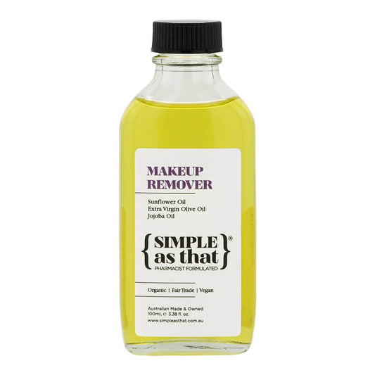 Makeup remover bottle labeled 'Simple as that' on a white background