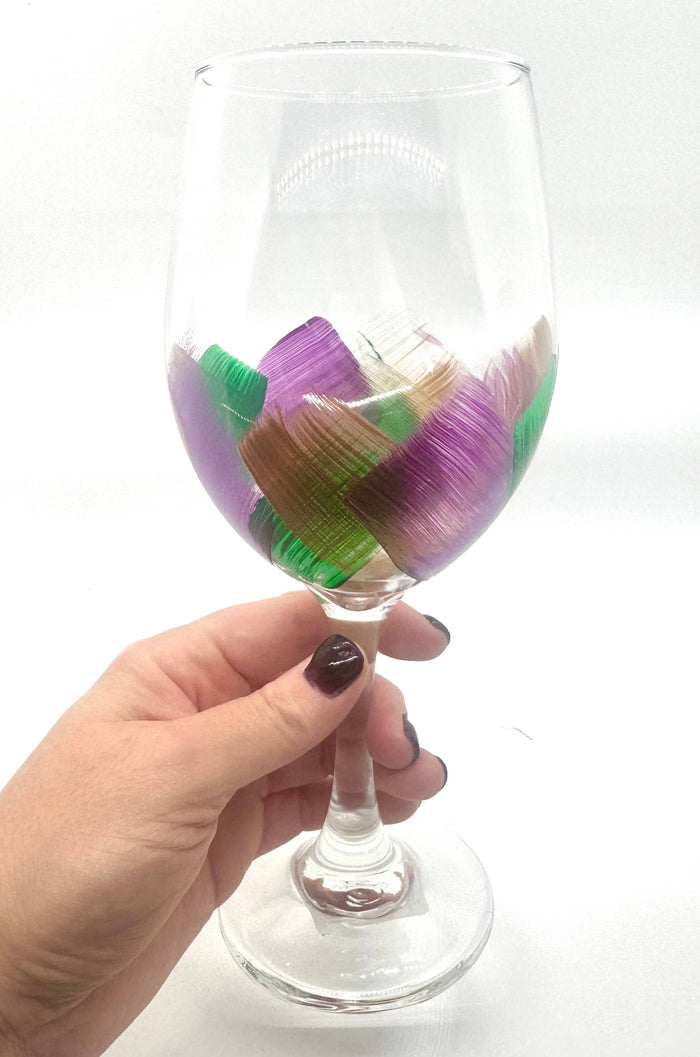 Mardi Gras Hand Painted Stemmed Wine Glass
