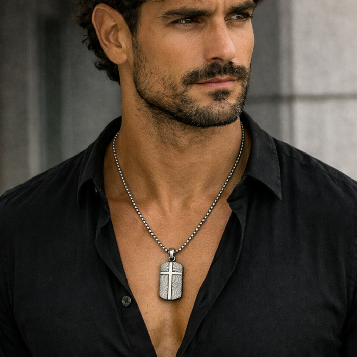 Men's Damascus Stainless Steel Cross Dog Tag Pendant