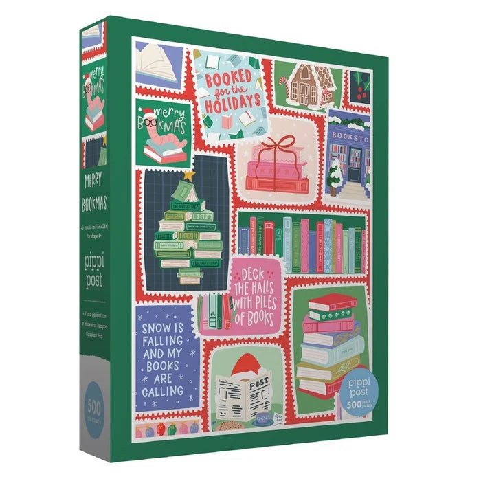 Delight any book lover this holiday season with the Merry Bookmas Stamps 500 Piece Jigsaw Puzzle from Pippi Post—a festive puzzle featuring cozy scenes of books, mugs, snow, and holiday decorations on a cheerful green background, perfect for gifting or enjoying yourself!.