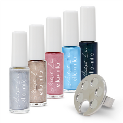 Metallic Era nail art liner set: silver, bronze, pink, blue and navy metallic liners with a palette ring – ella+mila Artist Era