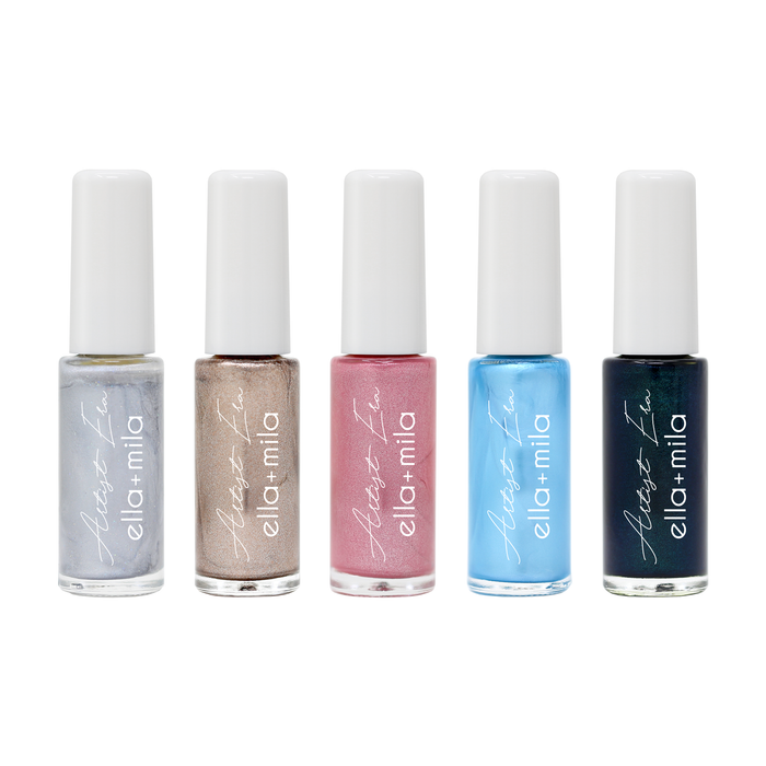 Metallic Era 5 metallic nail art liner bottles: silver, bronze, pink, light blue and navy