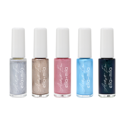 Metallic Era 5 metallic nail art liner bottles: silver, bronze, pink, light blue and navy