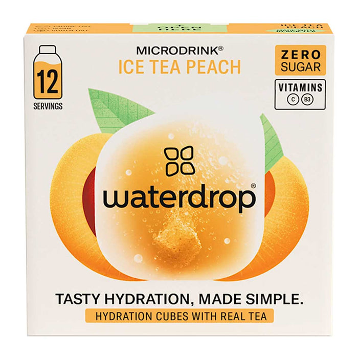 Box of Microdrink Ice Tea Peach with Waterdrop branding on a white background.