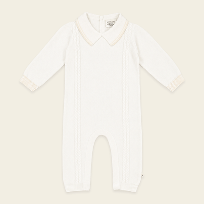 front of milan dove white cable knit baby jumpsuit
