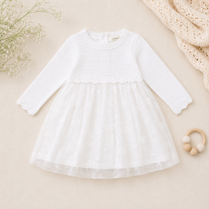 Milan Dove White Floral Embroidered Tutu Knit Baby Dress, Organic