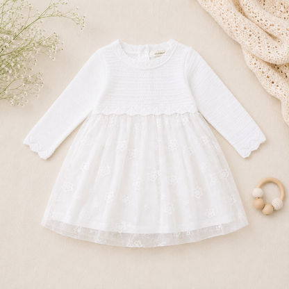 Milan Dove White Floral Embroidered Tutu Knit Baby Dress, Organic