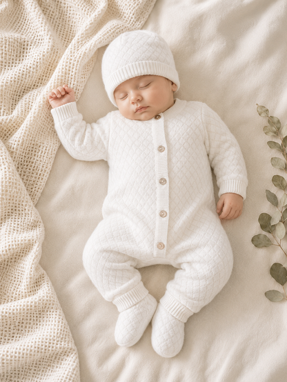 Sleeping Baby Wearing Milan Dove White Lux Jacquard Knit Baby Jumpsuit Hat and Bootie 3pc Set, Organic