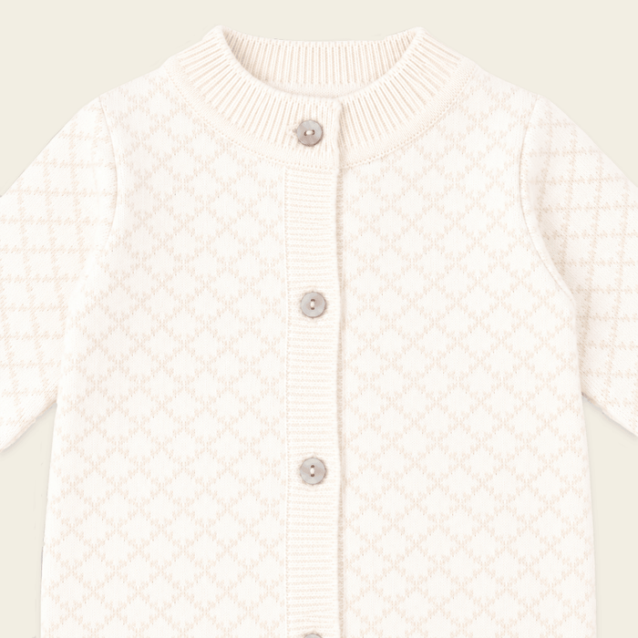 detail picture of  Milan Dove White Lux Jacquard Knit Baby Jumpsuit andHat and Bootie 3pc SET Organic cotton