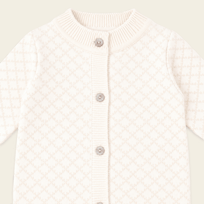 detail picture of  Milan Dove White Lux Jacquard Knit Baby Jumpsuit andHat and Bootie 3pc SET Organic cotton