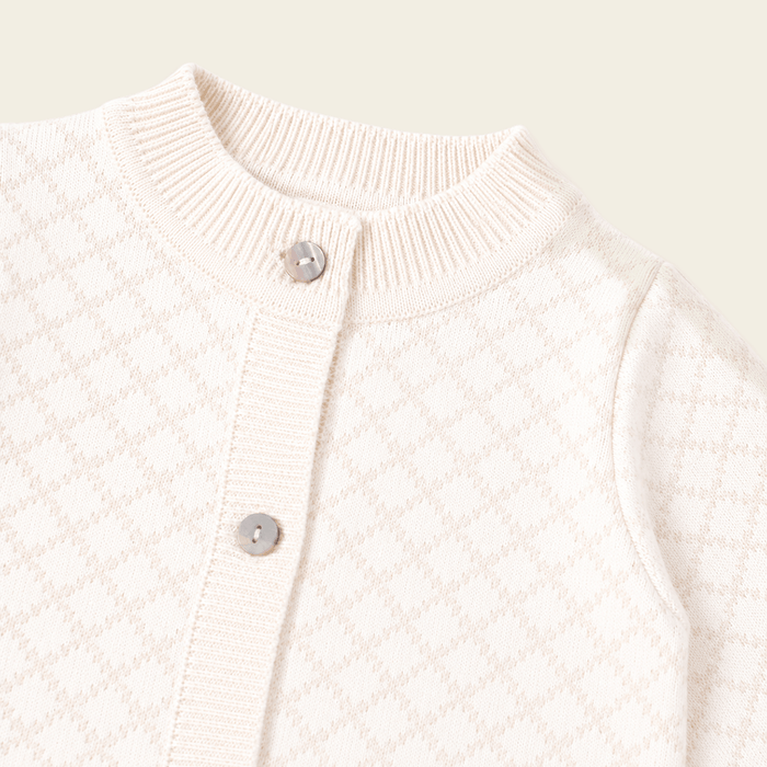detail of Milan Dove White Lux Jacquard Knit Baby Jumpsuit andHat and Bootie 3pc SET Organic cotton