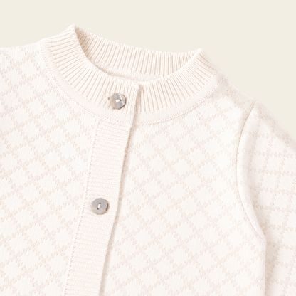 detail of Milan Dove White Lux Jacquard Knit Baby Jumpsuit andHat and Bootie 3pc SET Organic cotton