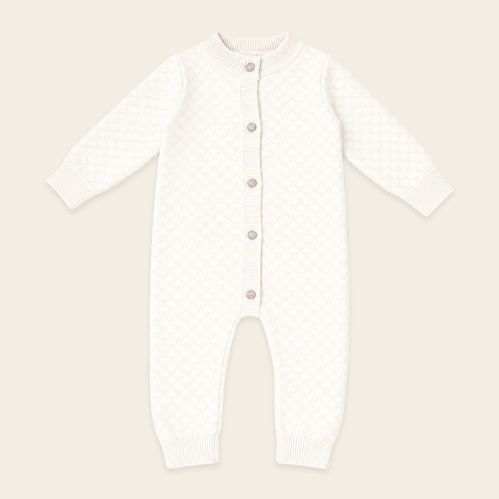 Front of Milan Dove White Lux Jacquard Knit Baby Jumpsuit andHat and Bootie 3pc SET Organic cotton