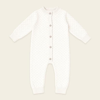Front of Milan Dove White Lux Jacquard Knit Baby Jumpsuit andHat and Bootie 3pc SET Organic cotton