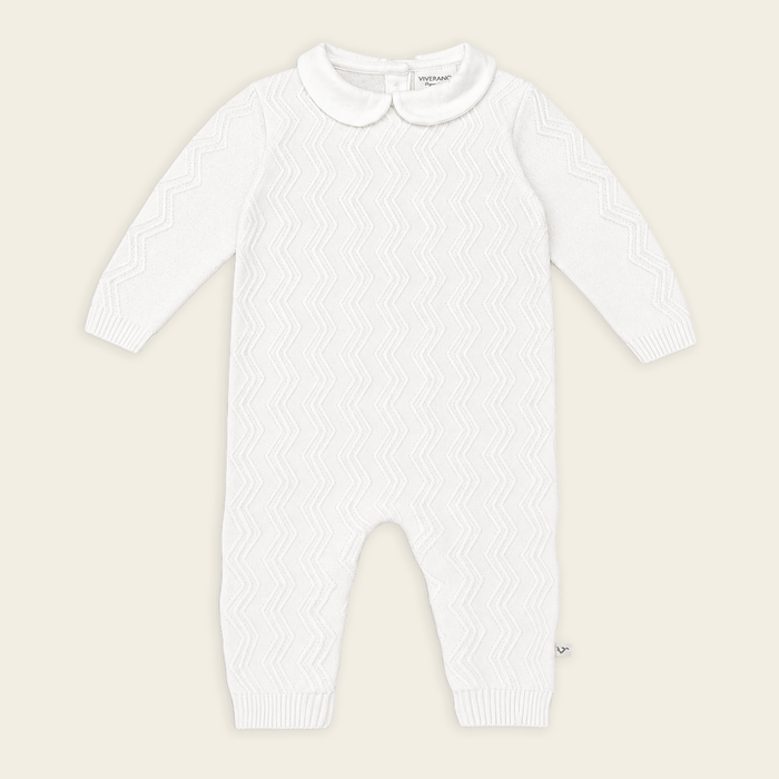 image of milan dove white peter pan fancy chevron knit baby jumpsuit made with organic cotton