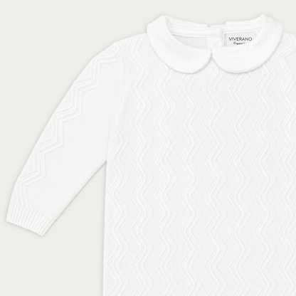 close up of milan dove white peter pan fancy chevron knit baby jumpsuit made with organic cotton