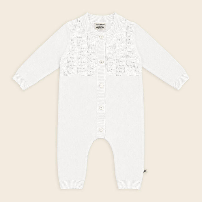 front of milan dove white delicate pointelle knit baby jumpsuit made with organic cotton