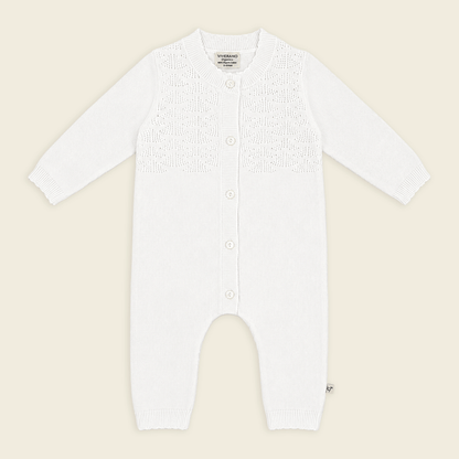 front of milan dove white delicate pointelle knit baby jumpsuit made with organic cotton