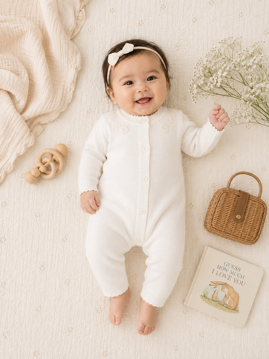 Baby Wearing Milan White Embroidered Sweater Knit Baby Jumpsuit, Organic Cotton by Viverano
